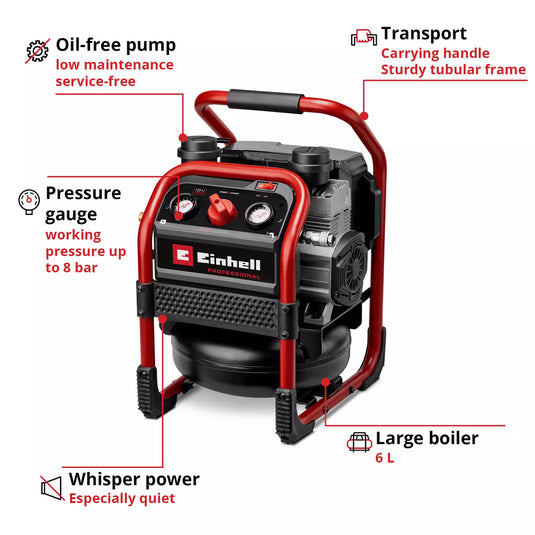Einhell silenzzo 18 160 professionele draadloze luchtcompressor (zwart rood, accu en oplader niet inbegrepen)