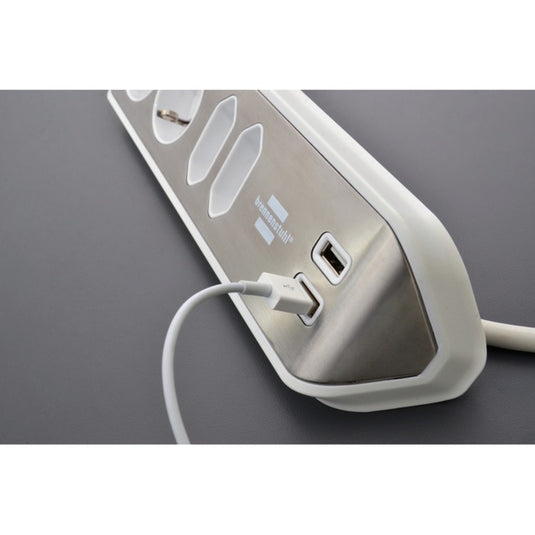 Brennenstuhl estilo hoekstekkerdoos 4-voudig stekkerdoos (wit roestvrij staal, 2x usb)
