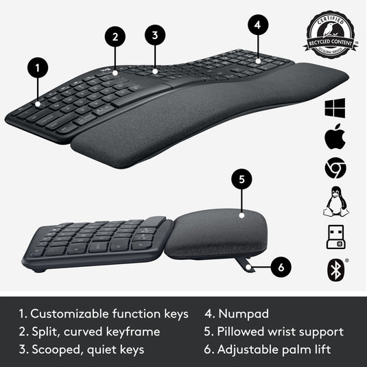 Logitech k860 ergo keyboard, toetsenbord (zwart, bluetooth, us international iso)