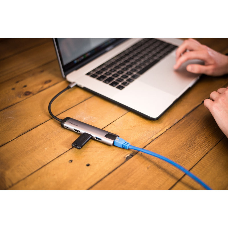 Load image into Gallery viewer, Verbatim usb 3.2 gen 1 multiport hub, usb-c > 2x usb-a + usb-c + hdmi + rj-45 usb-hub (zilver zwart, pd, opladen tot 100 watt)
