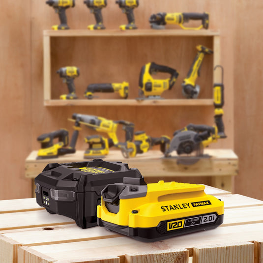 Stanley fatmax 18v startset 1x 2,0ah accu + lader v20 oplaadstation (zwart geel)