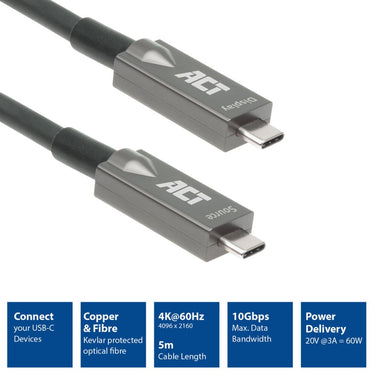 Act connectivity usb-c 3.2 gen2 active optical cable (aoc) aansluitkabel (grijs zwart, 5 meter)