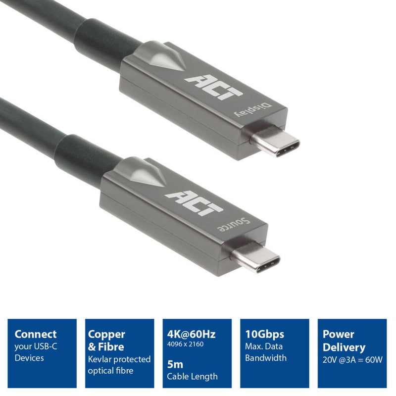Afbeelding laden in galerijviewer, Act connectivity usb-c 3.2 gen2 active optical cable (aoc) aansluitkabel (grijs zwart, 5 meter)
