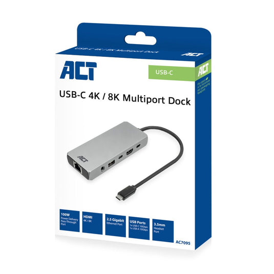 Act connectivity usb-c 4k 8k 60hz dockingstation (grijs)