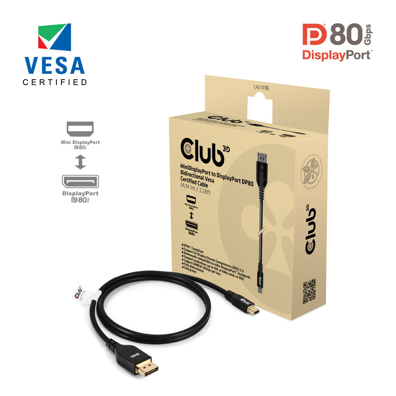 Chargez l'image dans la visionneuse de la galerie, Club 3d minidisplayport naar displayport dp80 bidirectioneel adapter (zwart, 1 meter, vesa-gecertificeerd)
