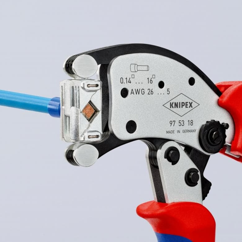 Load image into Gallery viewer, Knipex twistor 16 zelfinstellende krimptang voor adereindhulzen (rood blauw, met draaibare krimpkop)
