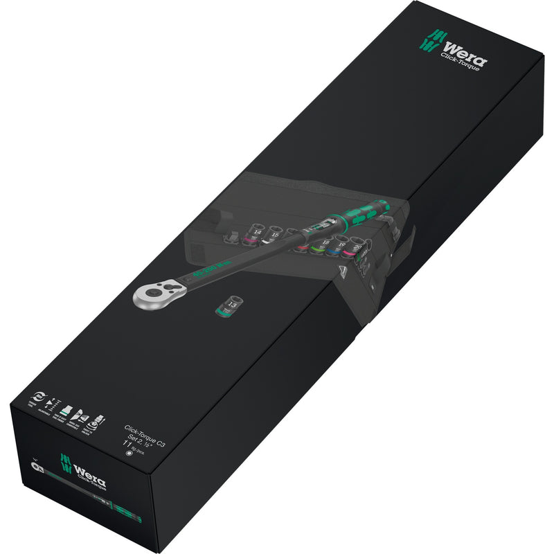 Afbeelding laden in galerijviewer, Wera click-torque c 3 set 2, 1 2 draaimomentsleutel (zwart groen, 11-delig, met omkeerbare ratel)
