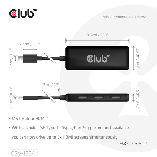 Club 3d usb-c naar triple hdmi mst hub 4k60hz adapter (zwart)