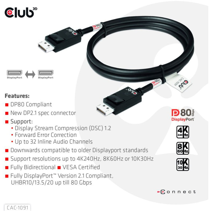 Chargez l'image dans la visionneuse de la galerie, Club 3d gecertificeerde displayport 2.1 kabel (zwart, 1,2 meter, 8k)
