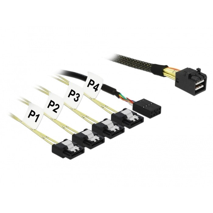 Load image into Gallery viewer, Delock mini sas hd sff-8643 > 4x sata 7-pin adapter (zwart, 1 meter + sideband 1 m metal)
