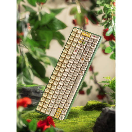 Iqunix f97 floral date rgb mechanisch gaming toetsenbord (groen, us lay-out (qwerty), gateron red, 96%, rgb leds, hot-swappable, pbt, 2.4ghz | bluetooth 5.1 | usb-c)