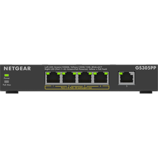 Netgear 5-port gigabit ethernet poe+ unmanaged switch (gs305pp) (zwart)