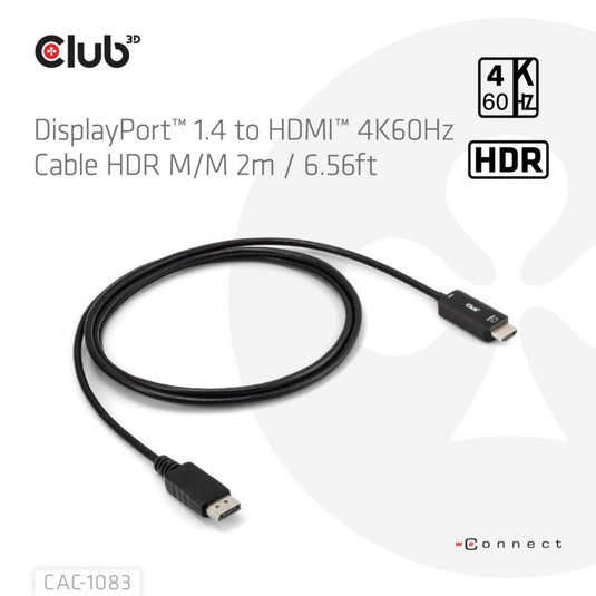 Club 3d displayport 1.4 to hdmi 4k60hz kabel adapter (zwart, hdr m m 2m)