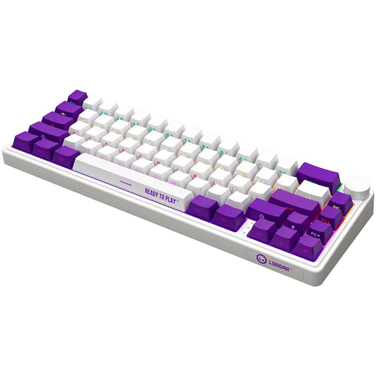 Lorgar kbp70mw rgb mechanisch gaming toetsenbord (wit, us lay-out (qwerty), logar toxic purple, 65%, rgb, hot-swappable, pbt double-shot, bluetooth | 2.4ghz | usb)