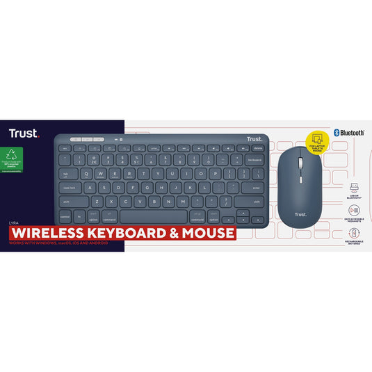 Trust lyra multi-device wireless keyboard mouse, desktopset (blauw, us lay-out, scissor switches, 800 - 1.600 dpi, 2,4 ghz usb, bluetooth, 65%)