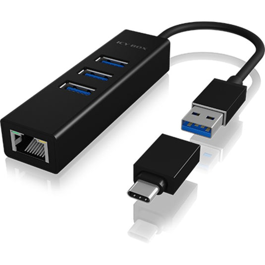 Icy box ib-hub1419-lan usb-hub (zwart, 3x usb-a 3.2 (5 gbit s), 1x lan)