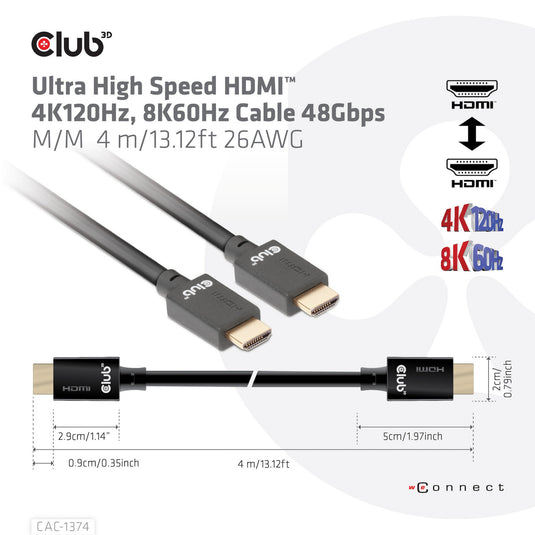 Club 3d gecertificeerde ultra high speed hdmi 2.1 kabel (zwart, 4 meter, 8k)