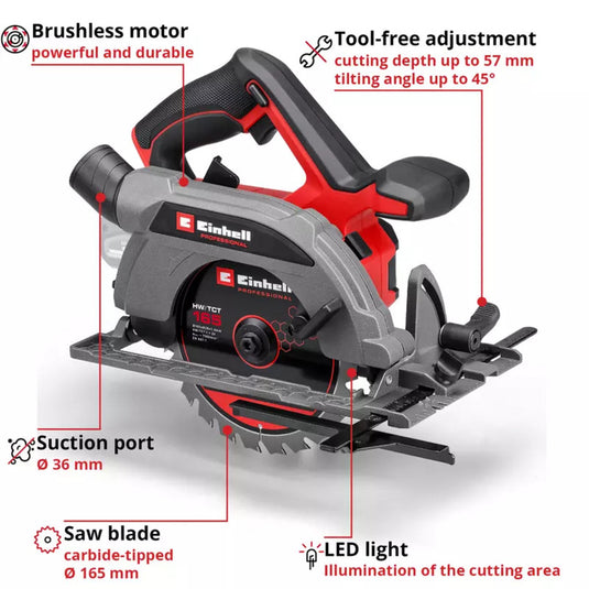 Einhell professional accu handcirkelzaag tp-cs 18 165 li bl - solo (rood zwart, power x-change, accu en oplader niet inbegrepen)