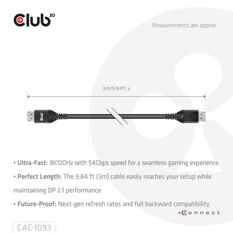 ギャラリービューアに画像をロードする, Club 3d displayport 2.1 vesa dp54 gecertificeerde kabel male-male (zwart, 3 meter, 4k 240hz, 8k 120hz, 54gbps)
