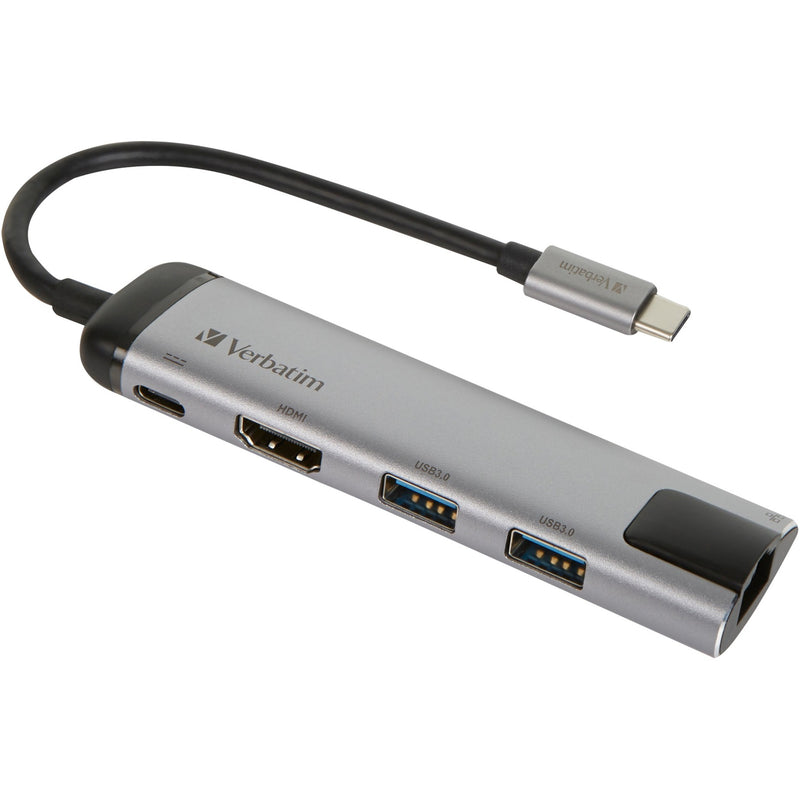 Load image into Gallery viewer, Verbatim usb 3.2 gen 1 multiport hub, usb-c > 2x usb-a + usb-c + hdmi + rj-45 usb-hub (zilver zwart, pd, opladen tot 100 watt)
