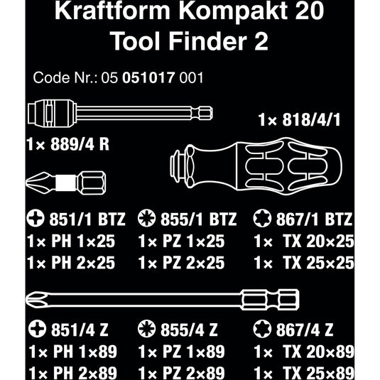 Wera kraftform kompakt 20 tool finder 2 met etui bitset (zwart groen, 13-delig)