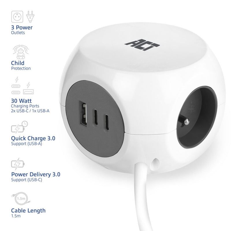 Load image into Gallery viewer, Act connectivity stekkerdoos kubus met 3 stopcontacten, 30w power delivery usb-c a poorten, kabellengte 1,5m stekkerdoos (wit, type e)
