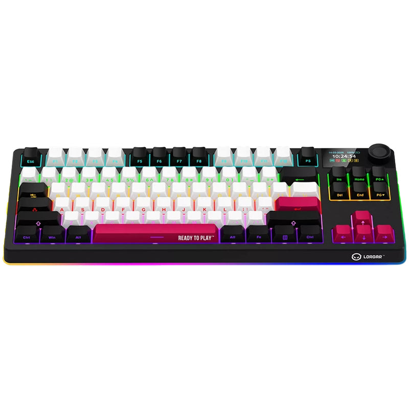 Load image into Gallery viewer, Lorgar kbp70tklw rgb mechanisch gaming toetsenbord (zwart, us lay-out (qwerty), logar toxic purple, 80% (tkl), rgb, hot-swappable, pbt double-shot, bluetooth | 2.4ghz | usb)
