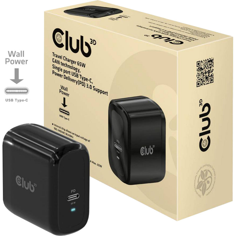 Afbeelding laden in galerijviewer, Club 3d travel charger pps 65w gan technology (zwart, usb-c, power delivery(pd) 3.0)
