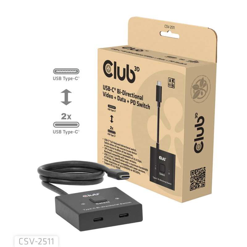 Laden Sie das Bild in Galerie -Viewer, Club 3d usb-c bi-directional video + data + pd switch usb-switch (zwart)
