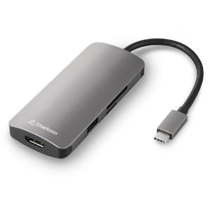 Sharkoon usb 3.0 type c multiport adapter dockingstation (donkergrijs, hdmi, usb-c 3.2 (5 gbit s), 3x usb-a 3.2 (5 gbit s), microsd, sd)