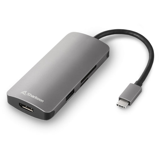 Sharkoon usb 3.0 type c multiport adapter dockingstation (donkergrijs, hdmi, usb-c 3.2 (5 gbit s), 3x usb-a 3.2 (5 gbit s), microsd, sd)