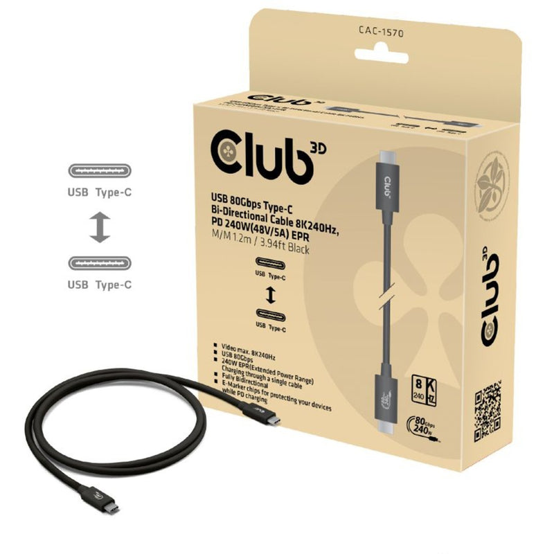 Cargue la imagen en el visor de la galería, Club 3d usb-c 80gbps certified 240w 8k 240hz kabel (zwart, 1.2m)
