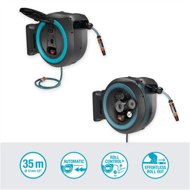 Load image into Gallery viewer, Gardena 35 m wand-slangenbox powerroll xl slanghaspel (grijs turquoise, 35 meter, accu en oplader inbegrepen, power for all alliance)
