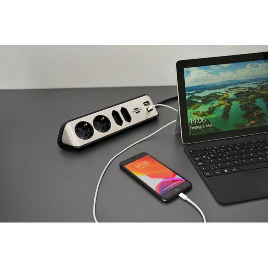 Brennenstuhl estilo hoekstekkerdoos 4-voudig stekkerdoos (zwart roestvrij staal, 2x usb)
