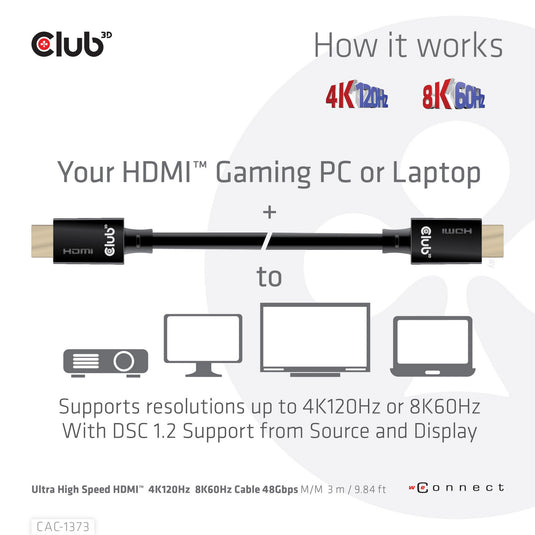 Club 3d ultra high speed hdmi kabel (zwart, 3 meter, 4k 120hz, 8k 60hz, 48gbps)