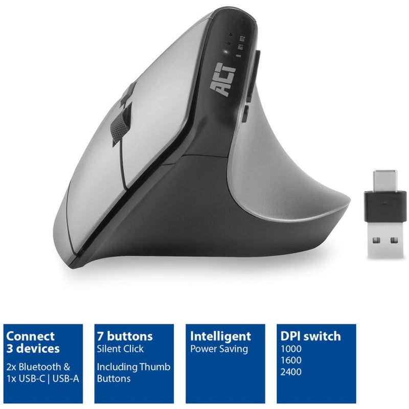 Afbeelding laden in galerijviewer, Act connectivity draadloze ergonomische muis met bluetooth en usb-c usb-a (zilver zwart, 1000 - 2400 dpi)
