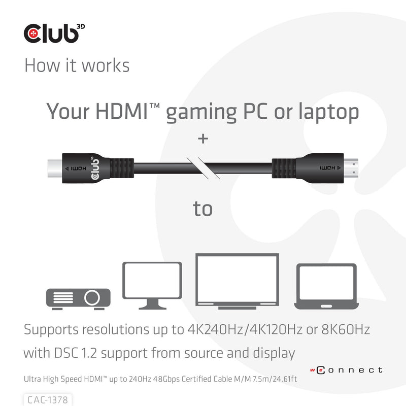 Load image into Gallery viewer, Club 3d ultra high speed hdmi 2.1 gecertificeerde kabel male-male (zwart, 7,5 meter, 4k 240hz, 8k 60hz, 48gbps)
