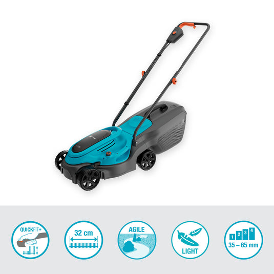 Gardena grasmaaier easymax 32 18v (turquoise grijs, 1x systeemaccu p4a pba 18v 72, 1x snellader p4a al 1830 cv inbegrepen)