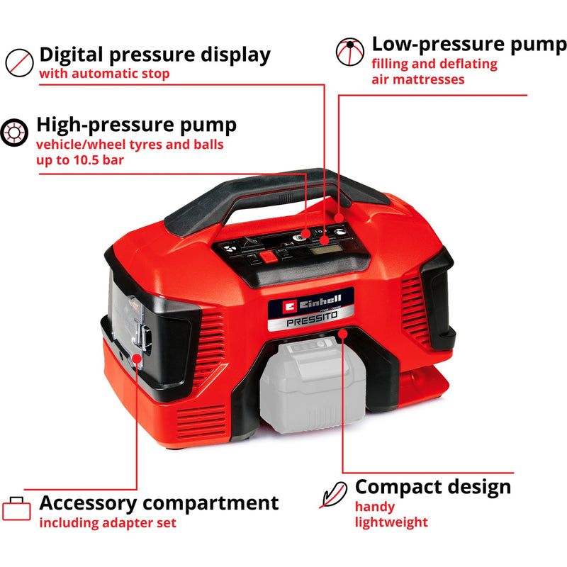 Load image into Gallery viewer, Einhell accu compressor pressito 18 21 (rood zwart, accu en lader niet inbegrepen)
