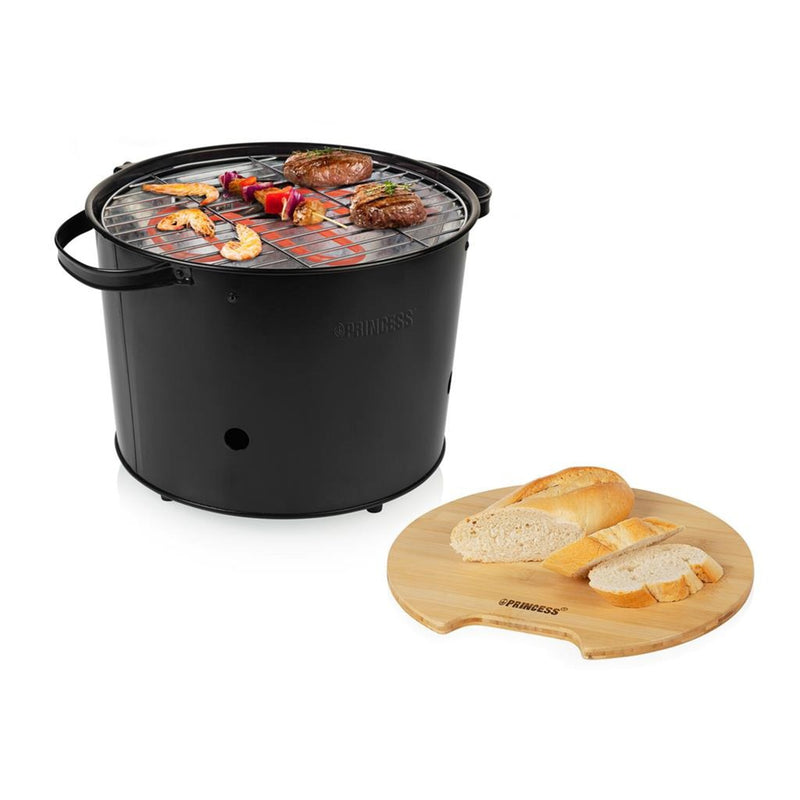 Load image into Gallery viewer, Princess 112240 hybrid bucket barbecue | elektrisch | houtskool (zwart, ø 32 cm | incl. luxe bamboe serveer- en snijplank)
