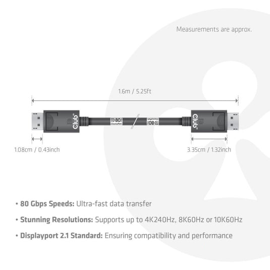 Club 3d gecertificeerde displayport 2.1 kabel (zwart, 1,6 meter, 10k)