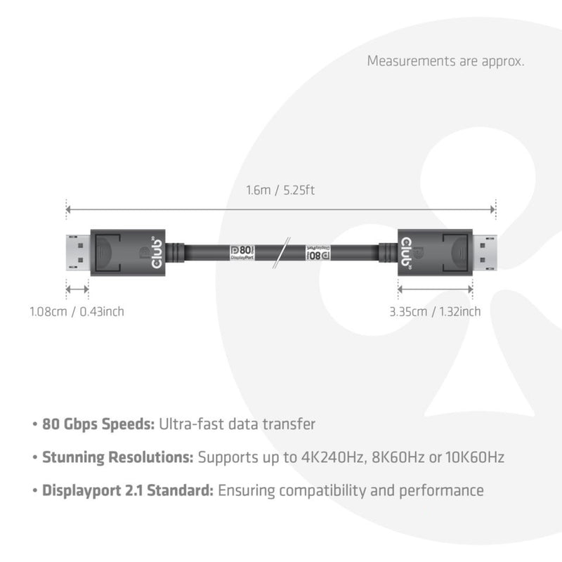 Load image into Gallery viewer, Club 3d displayport 2.1 vesa dp80 gecertificeerde kabel male-male (zwart, 1,6 meter, 8k 240hz, 10k 60hz, 80gbps)
