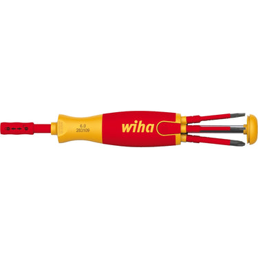 Wiha schroevendraaier met bitmagazijn liftup electric sleufkop, pozidriv, plusmin pozidriv met 6 slimbits in blister - 41235