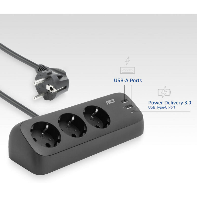Cargue la imagen en el visor de la galería, Act connectivity act stekkerdoos met 3 type-f stopcontacten, 30w power delivery, usb type-c a poorten, kabellengte 1,5 meter ac2480
