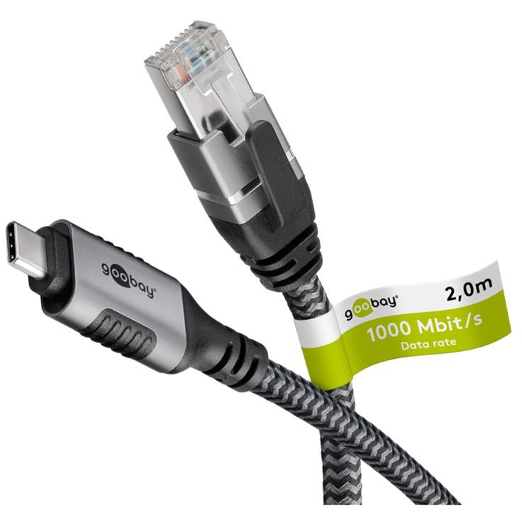 Load image into Gallery viewer, Goobay netwerkadapter usb-c 3.2 gen1 naar rj-45 (zwart zilver, 2 meter)
