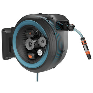Gardena 35 m wand-slangenbox powerroll xl slanghaspel (grijs turquoise, 35 meter, accu en oplader niet inbegrepen, power for all alliance)
