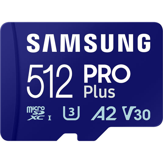 Samsung pro plus 512 gb microsdxc (2023) geheugenkaart (blauw, uhs-i u3, class 10, v30, a2)