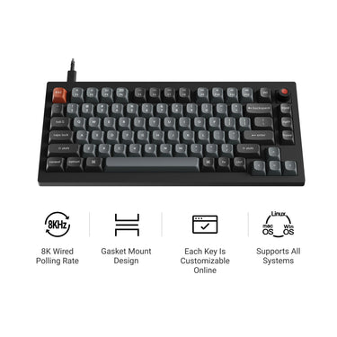 Keychron v1w-d3 8k qmk wired custom mechanical keyboard (zwart, us lay-out (qwerty), super brown, 75%, rgb leds, double-shot pbt, hot swap, 8k, knop)
