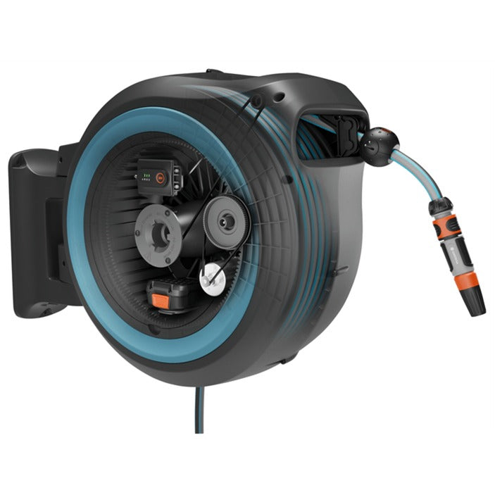 Load image into Gallery viewer, Gardena 35 m wand-slangenbox powerroll xl slanghaspel (grijs turquoise, 35 meter, accu en oplader inbegrepen, power for all alliance)
