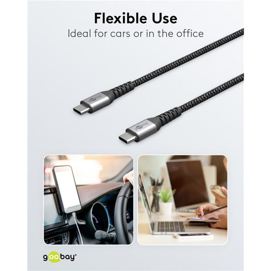Goobay usb-c snellader nano (65 w) en usb-c textielkabel (zwart, 2x usb-c, 1x usb-a, 1 meter)